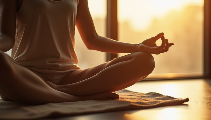 Close-up view of a person sitting cross-legged on a meditation cushion with soft morning light