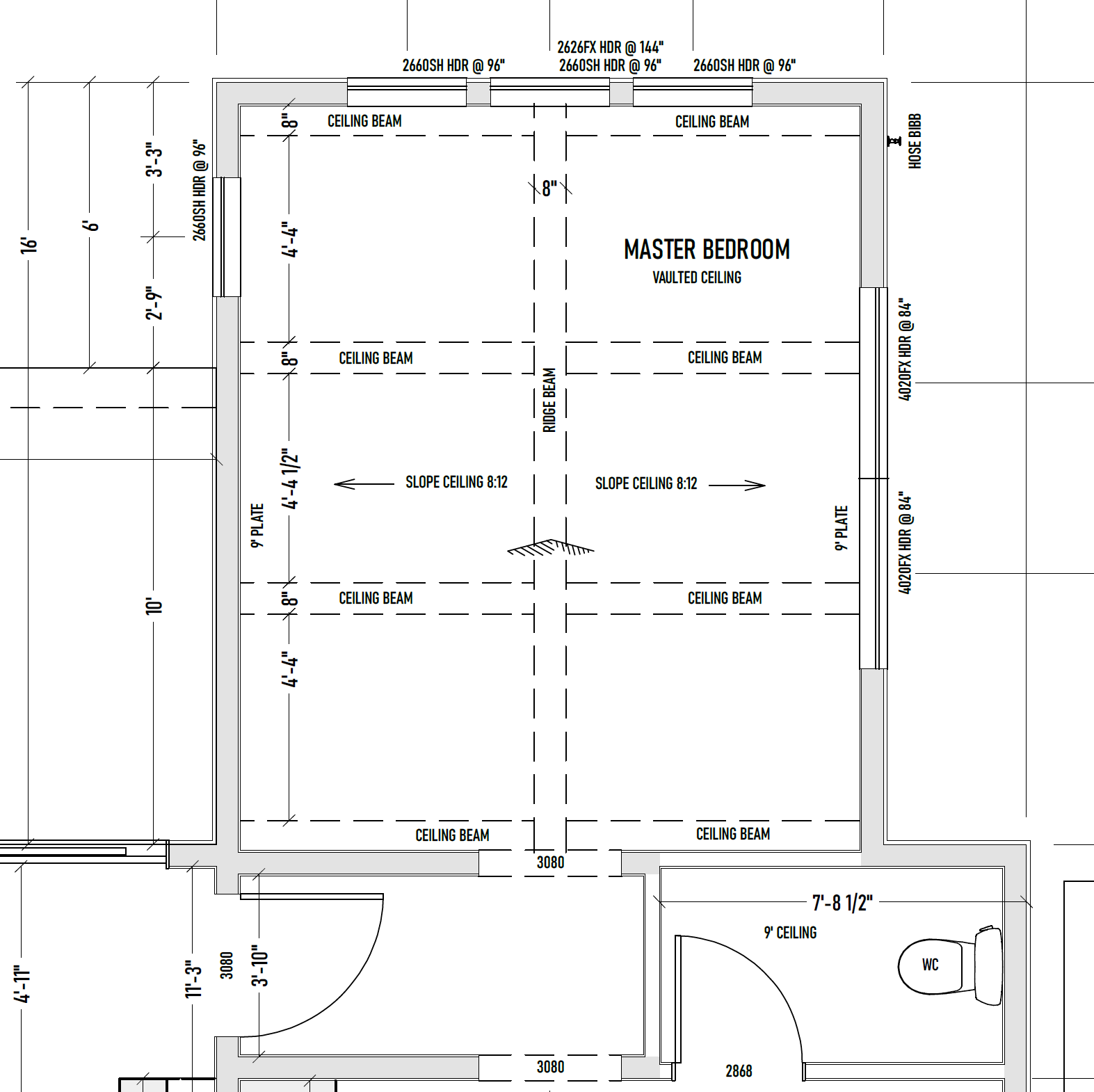 Rapid Designs plan set example — clean, legible master bedroom framing plan