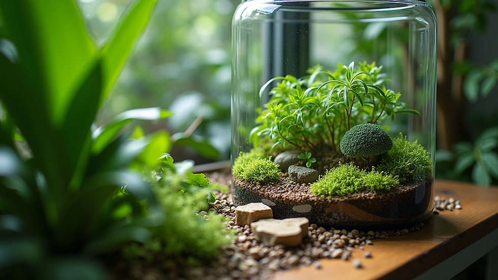 High angle view of a BioActive terrarium with lush plants and natural substrate layers