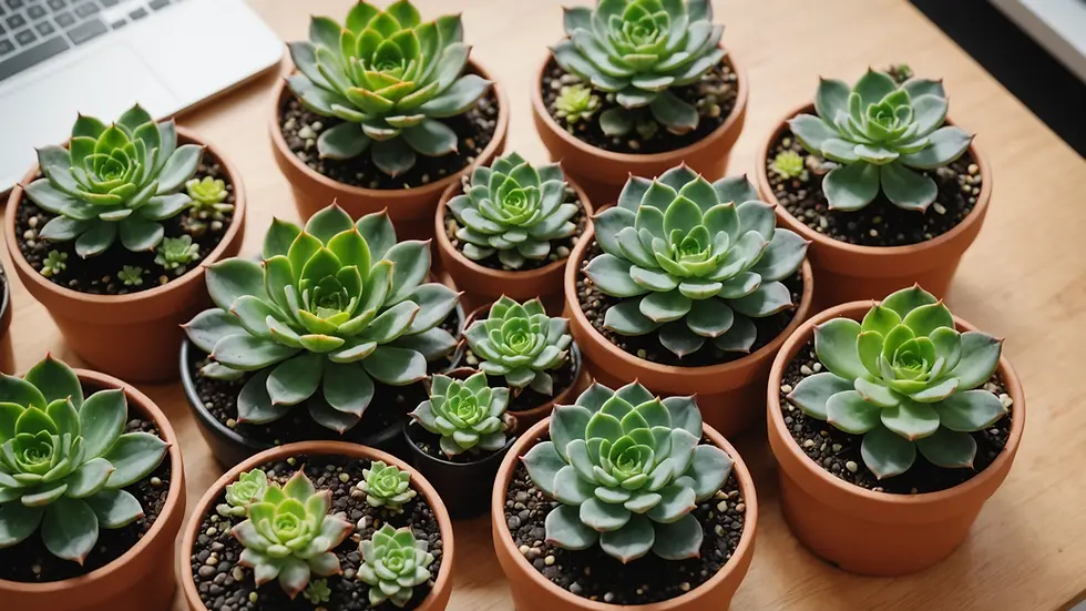 Close-up view of well-arranged succulent plants on a desk