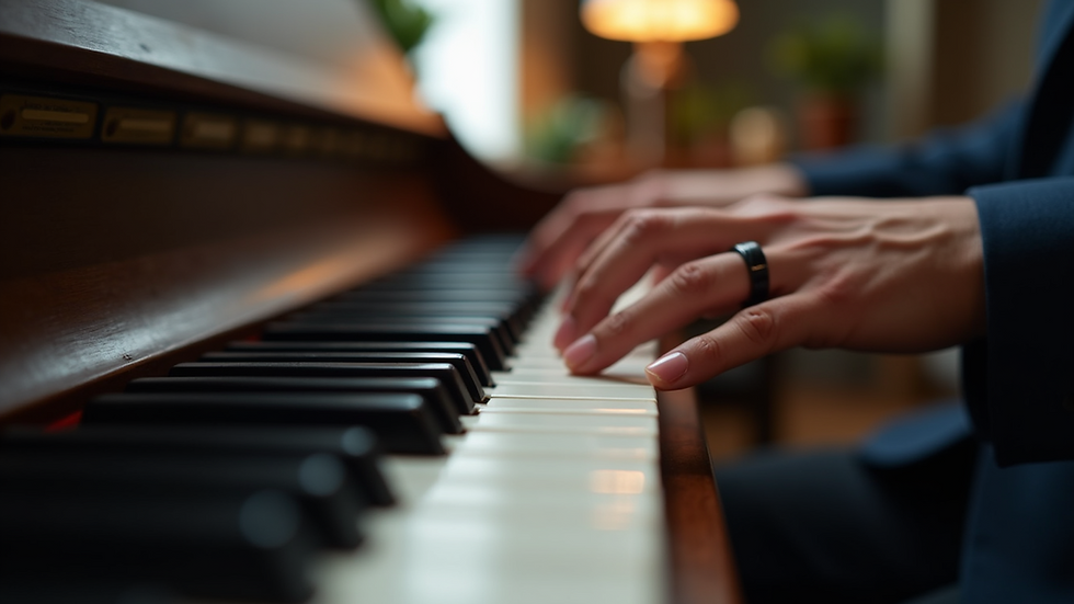 Close-up view of a person playing piano keys with focused expression