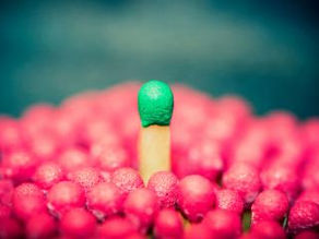 A green match stick standing out among a sea of pink match sticks