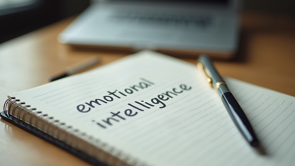 Close-up view of a notebook with emotional intelligence notes and a pen
