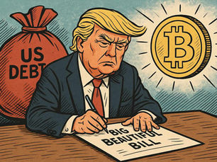 Trump signing bill with Bitcoin symbol overlay