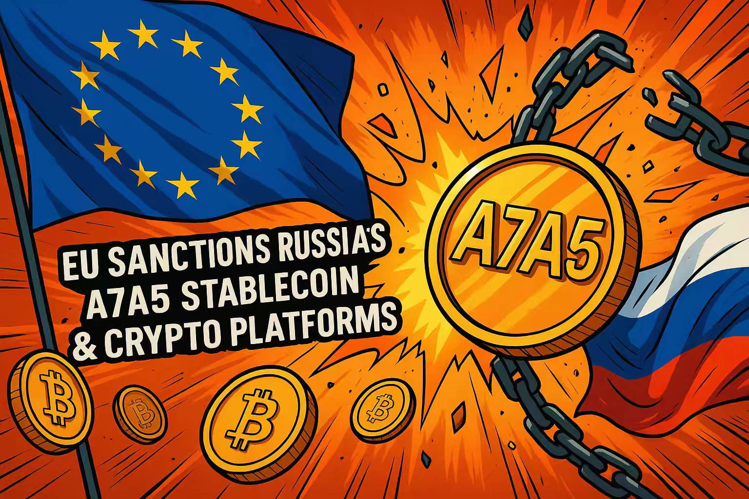 EU flag with crypto coins and A7A5 stablecoin concept