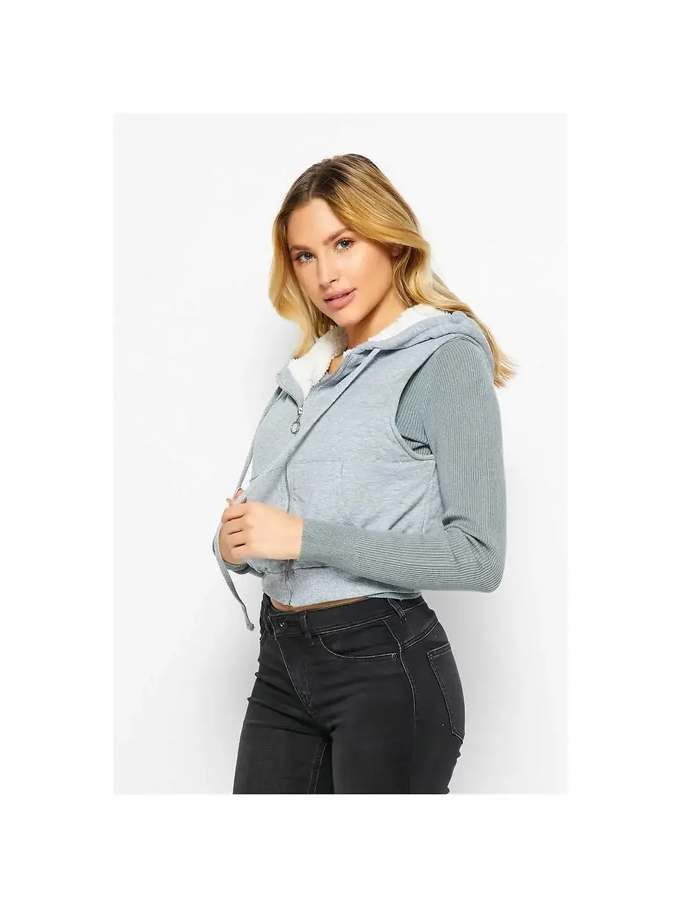 Thumbnail: New Albany Ballet Company Sherpa French Terry Sleeveless Crop Zip Up Hoodie