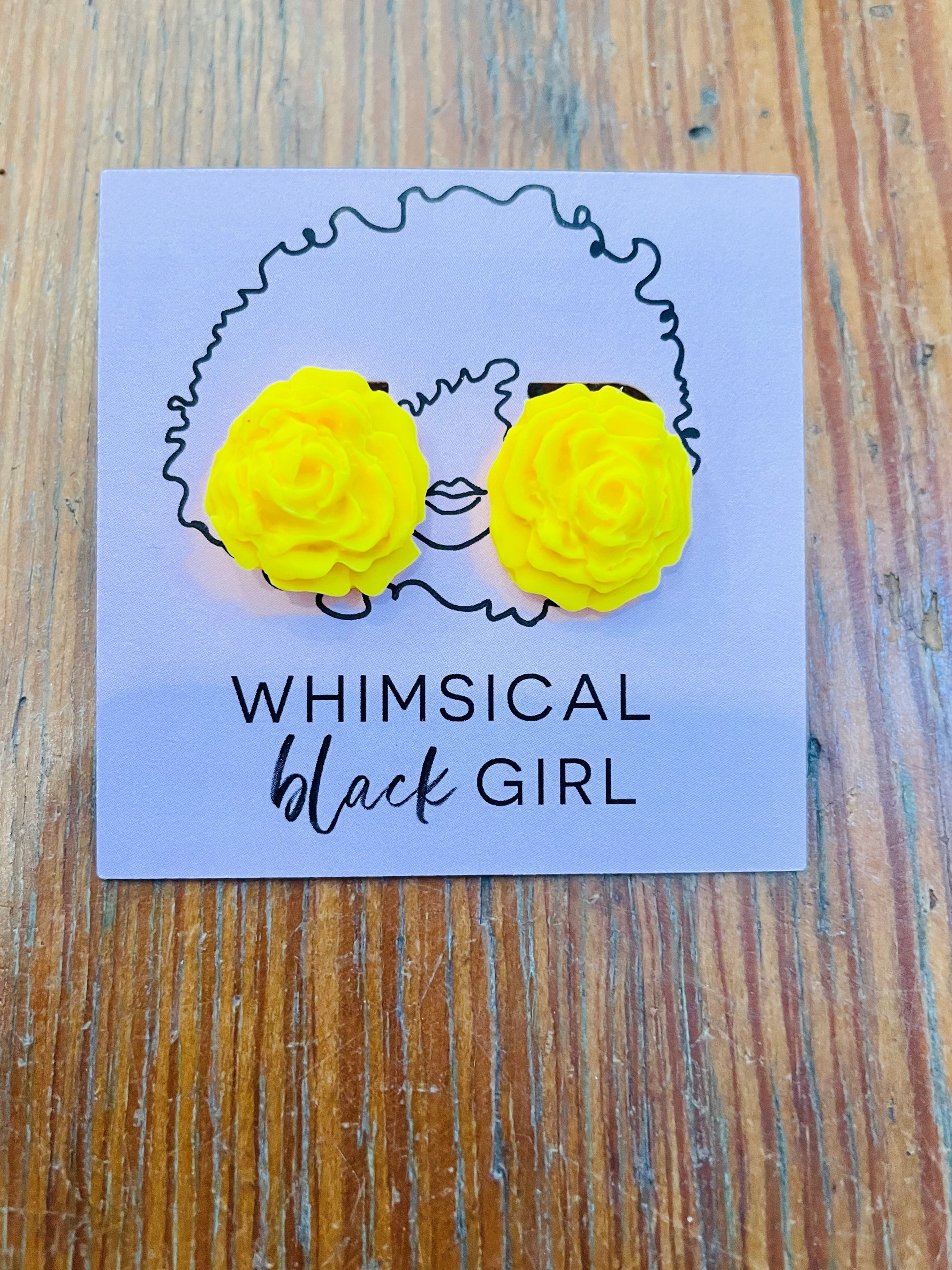 Whimsical Black Girl Yellow Rose Studs