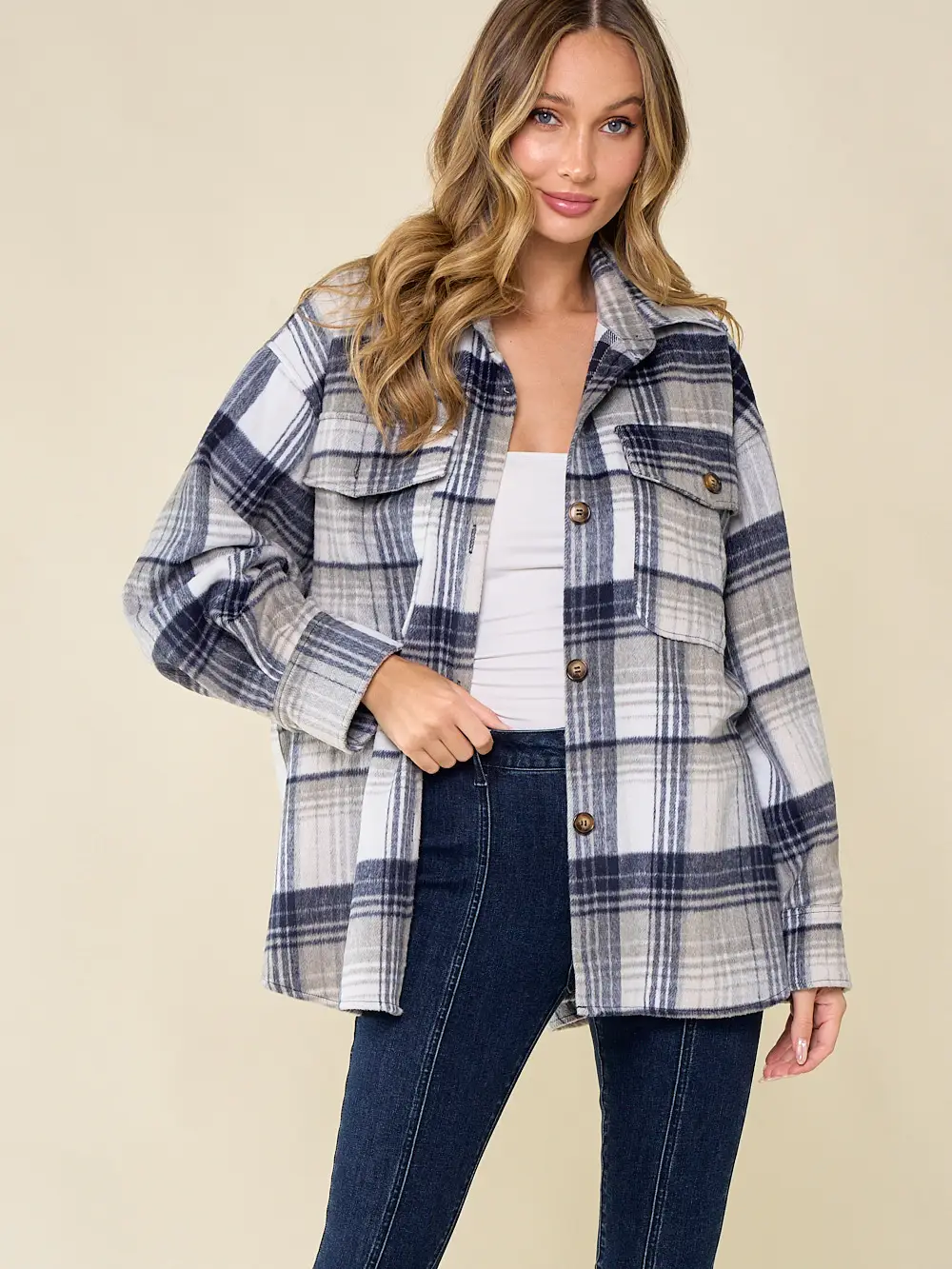 Lady Granville Navy/Grey Plaid Oversized Shacket justwriteohio