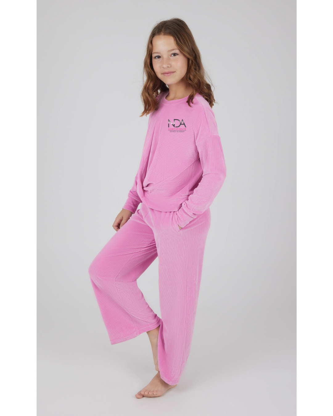 Northpointe Dance Academy Girls Rib Velour Front Twist Sweatshirt and Wide pant
