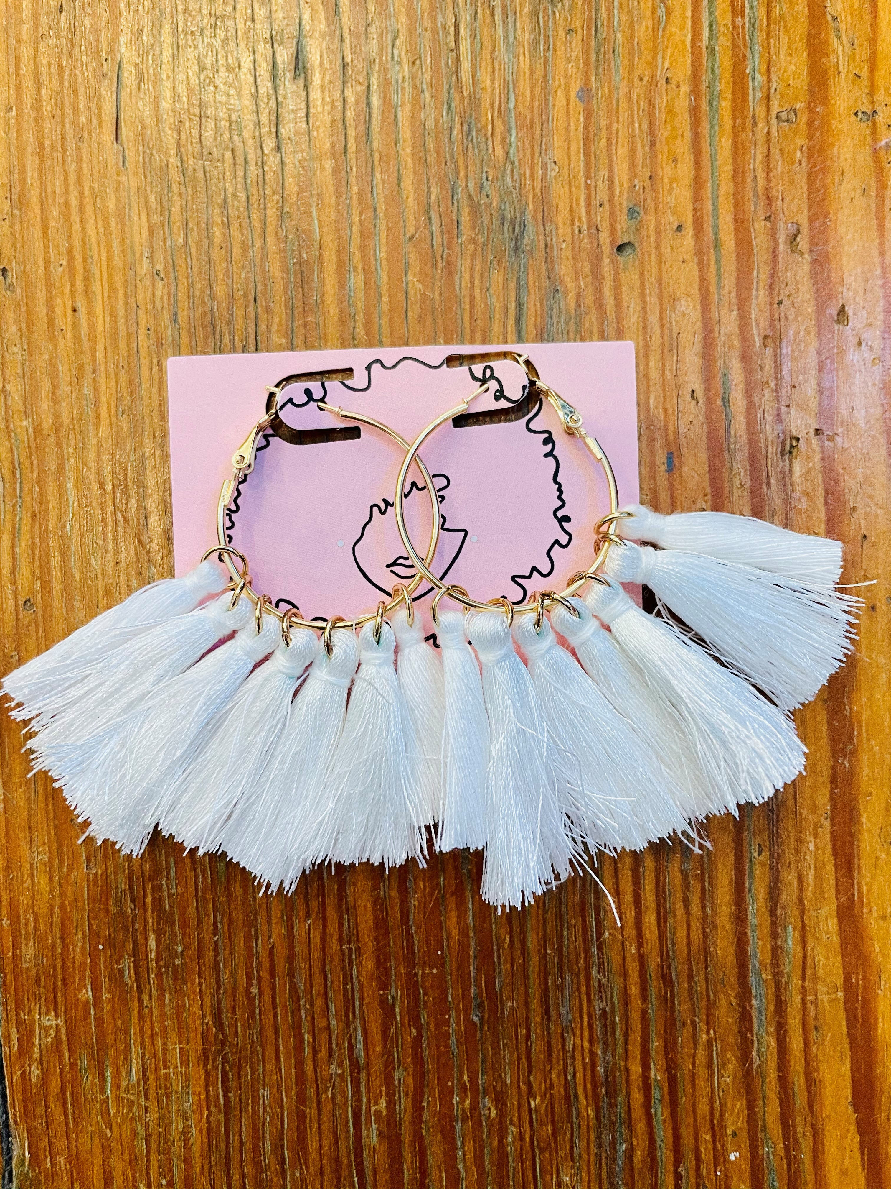 Whimsical Black White Tassel Hoop Earrings