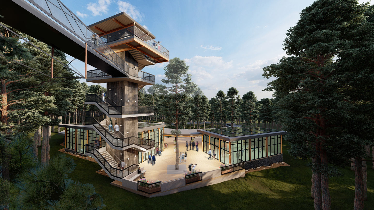 Exterior rendering of the nature center nestled among dense trees, featuring elevated walkways, glazed walls, and layered structural elements.