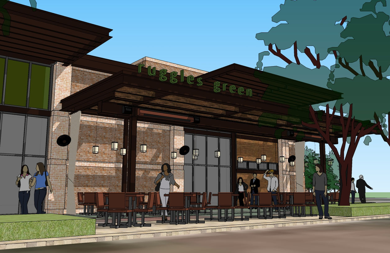 Architectural rendering of a café with a wood pergola shading outdoor seating, green accent signage, and a masonry façade.