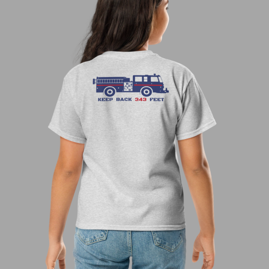 9/11 Memorial Youth Tee - Keep Back 343 Firetruck - Grey Youth Shirt - September 11th Shirt