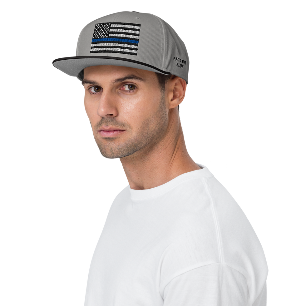 Grey and Black Police Snapback Hat with Thin Blue Line Flag