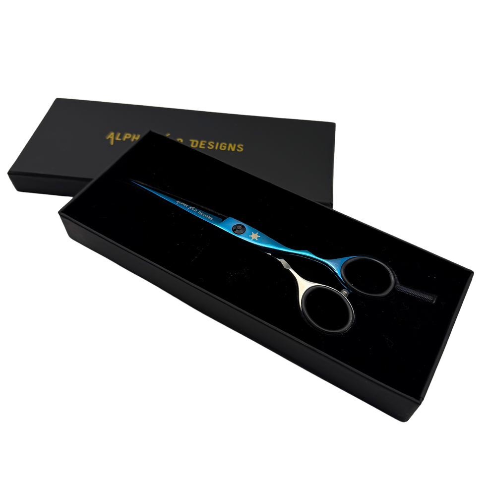 Thumbnail: Blue and Silver Barber Scissors with Etched Sheriff Star for Hair or Beards