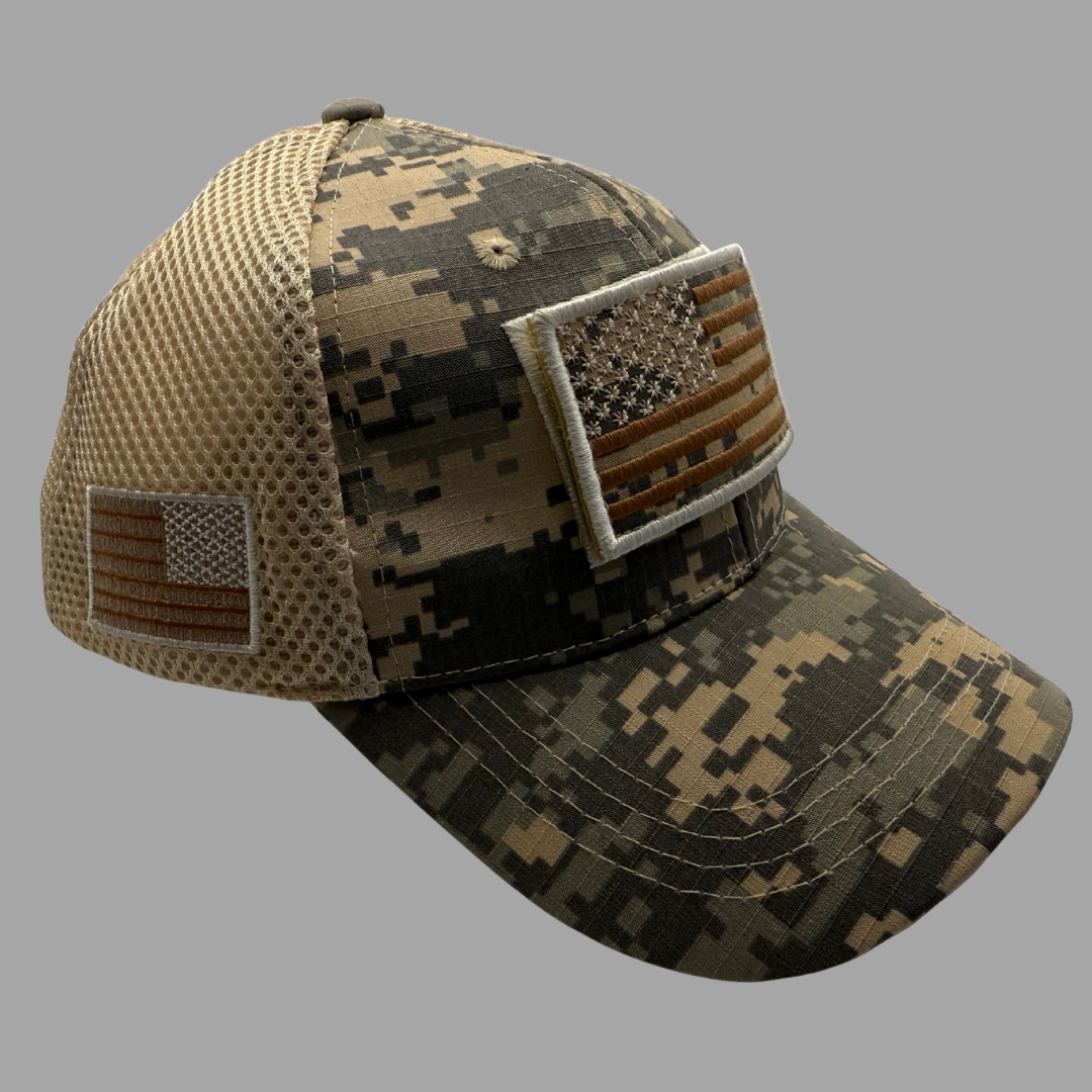 Beige Green Camouflage Hat with American Flag Patch