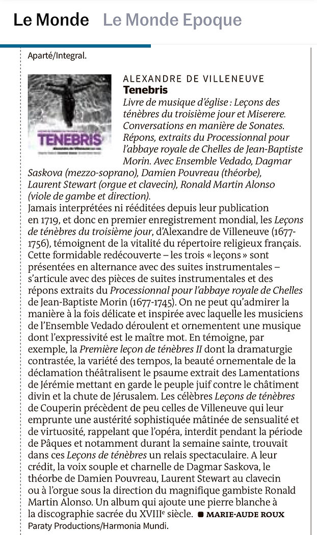 Critique de l'album Tenebris dans le journal Le Monde