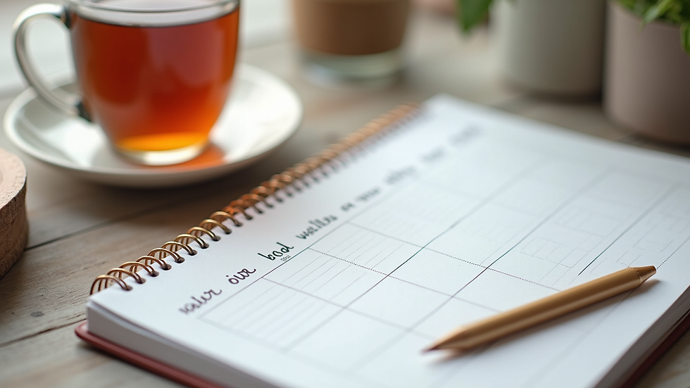 Eye-level view of a planner with wellness goals and a cup of tea