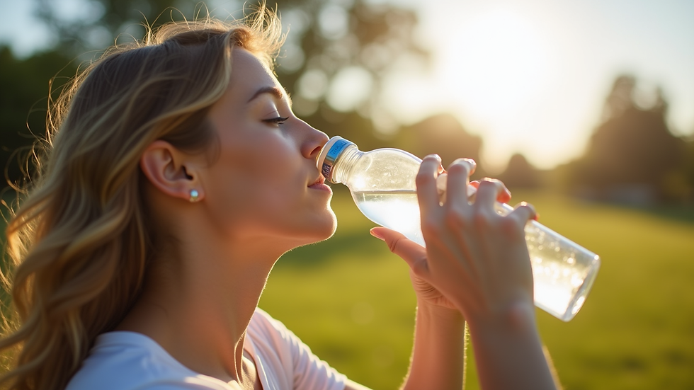 Eye-level view of a woman drinking water from a reusable bottle outdoors