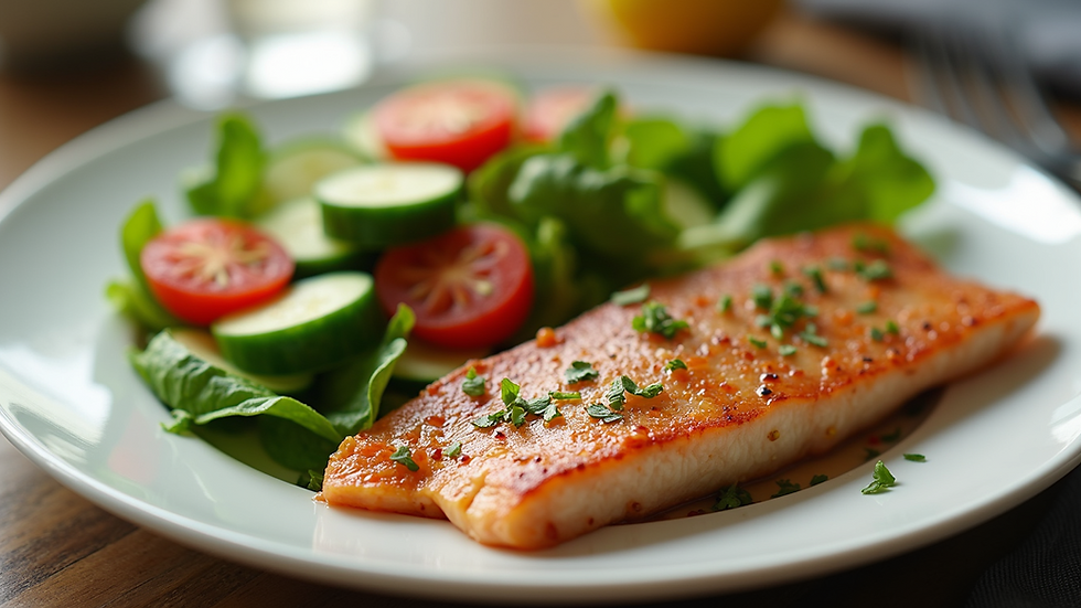 Eye-level view of a colorful plate with fresh vegetables and lean protein