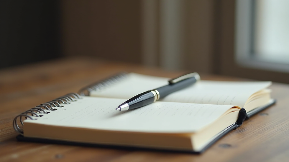 Close-up view of a journal and pen on a wooden desk