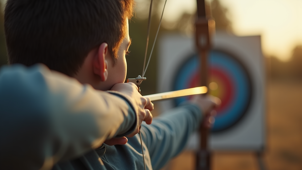 Close-up view of an archer aiming at a target with steady focus