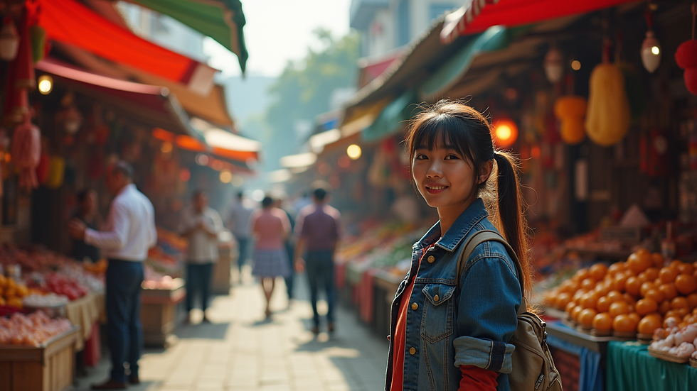 Eye-level view of a colorful outdoor market with various stalls