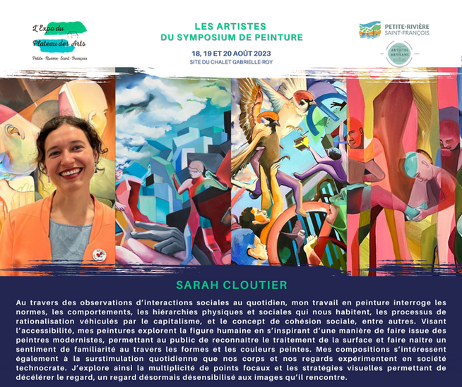 Photo de l'artiste, trois extraits de ses œuvres et présentation artistique dans le cadre de l'édition 2023 de L'Expo du Plateau des Arts au Chalet Gabrielle-Roy à Petite-Rivière-St-François en Charlevoix.