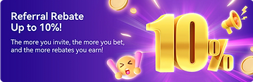 Program rujukan HengOngBet menawarkan rebat sehingga 10%, dipaparkan dengan "10%" emas yang besar dan wajah emoji tersenyum.