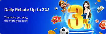 Promosi untuk rebat harian HengOngBet sehingga 3% untuk sukan, menampilkan seorang wanita di sebelah tanda peratusan yang besar dan bola sepak.