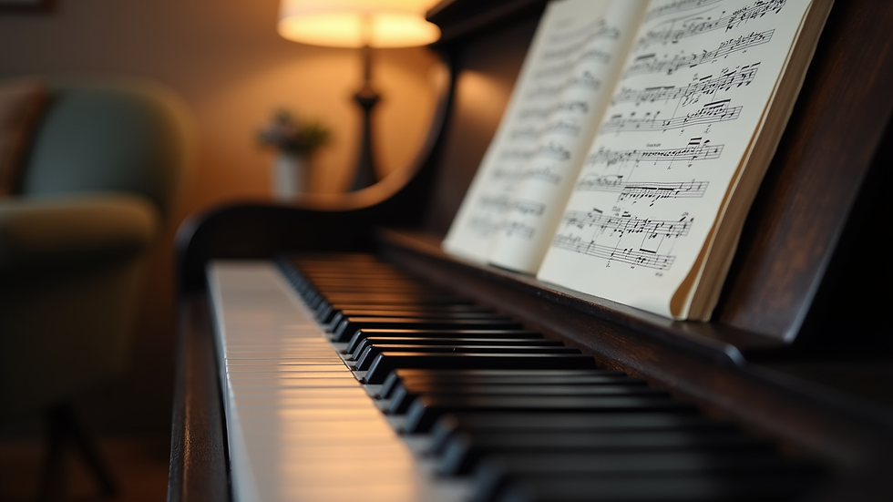 close-up view of a piano keyboard with sheet music on a stand
