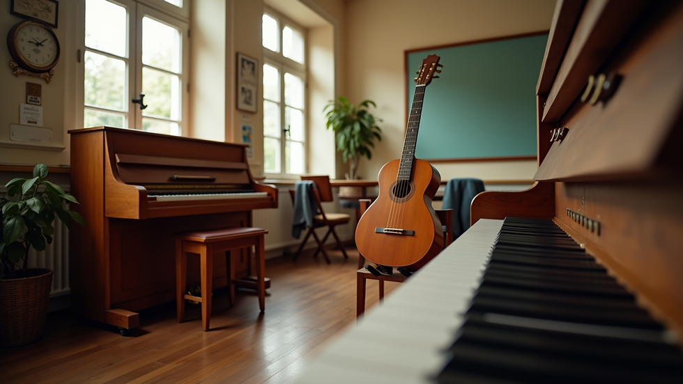 eye-level view of a cozy music classroom with piano and guitar