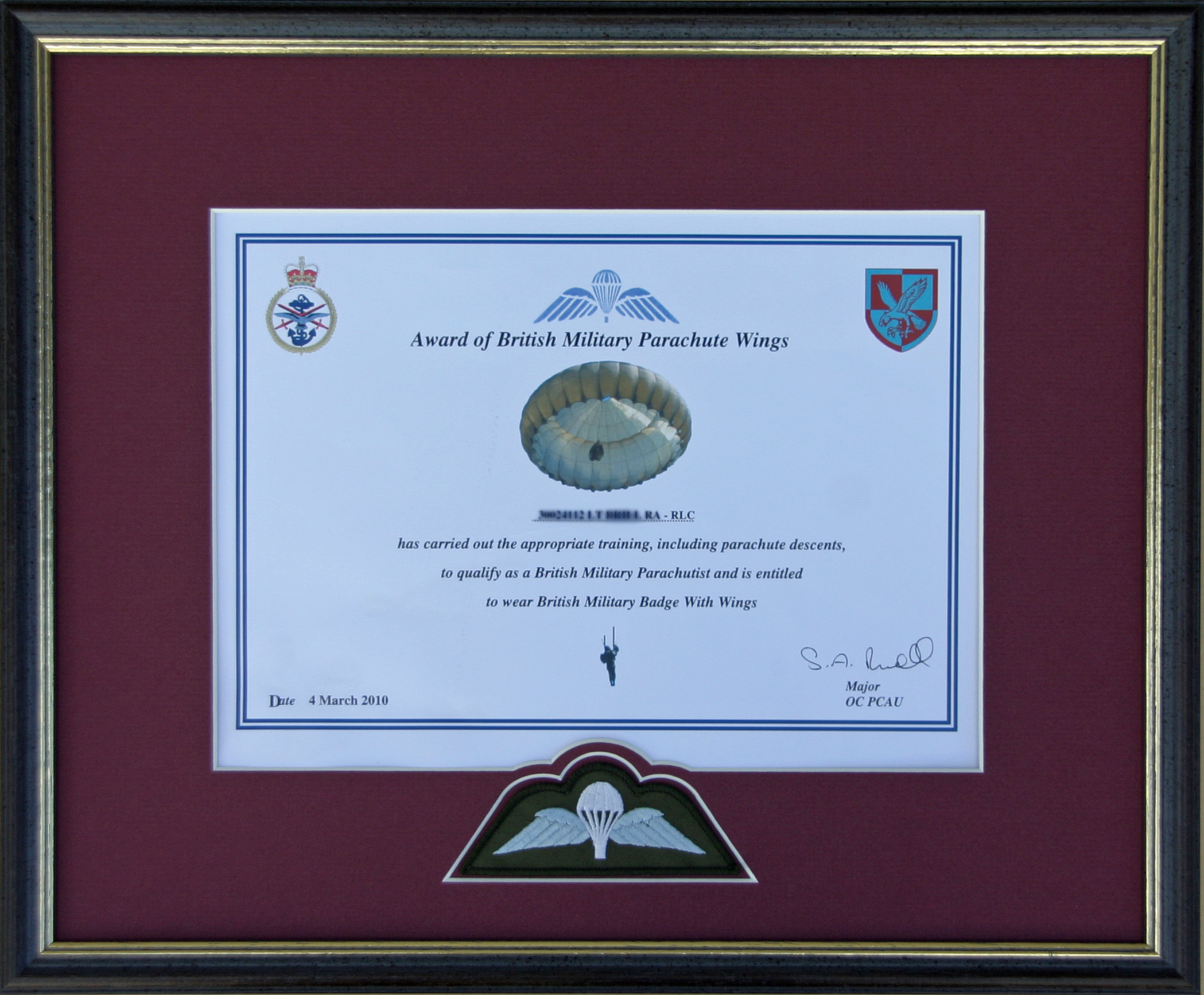 Parachute Wings and Certificate.