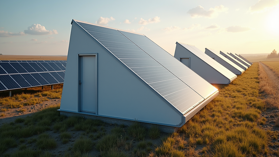 High angle view of an innovative triangular housing module showcasing solar panels