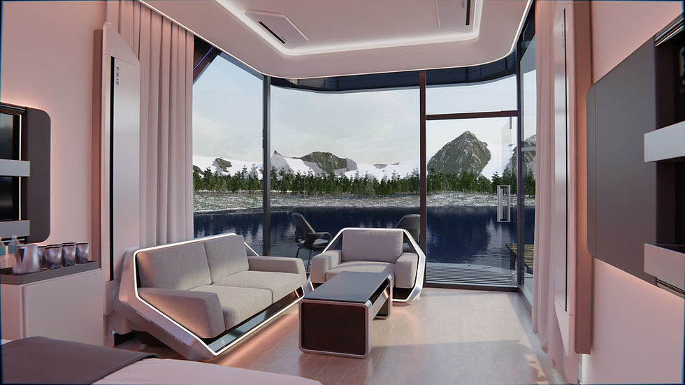 Eye-level view of a modern living room with large windows and natural light