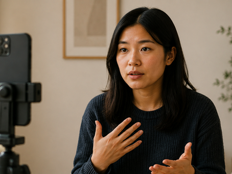 Korean adoptee recording a message in front of an Iphone for the TRC