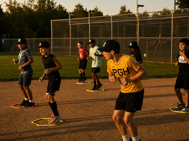 Youth baseball players performing agility drills on a field.