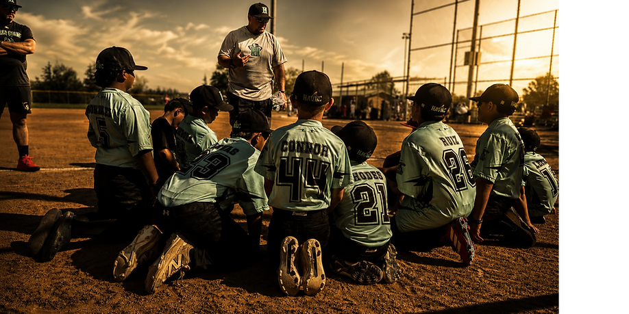 Youth baseball team huddling with coach on field at sunset