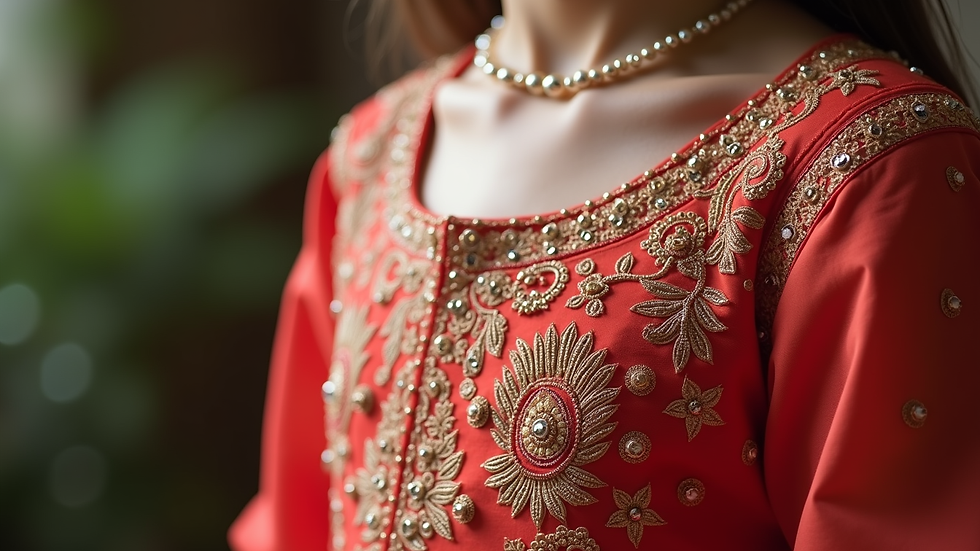 Close-up view of a girl's lehenga choli with embroidery
