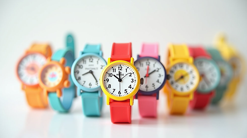 Close-up view of colorful kids' watches with playful designs on a white background