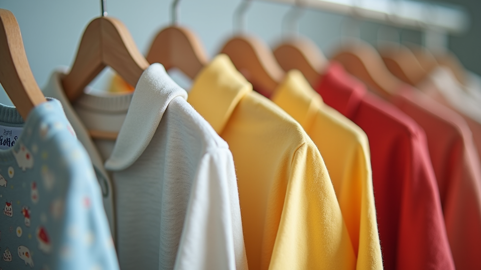 Eye-level view of colorful cotton kidswear hanging on a rack