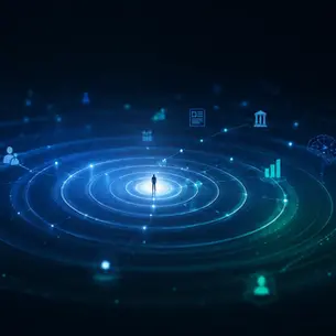 Conceptual illustration of an executive standing at the centre of digital ripple rings connected to people, media, analytics, search and AI icons.