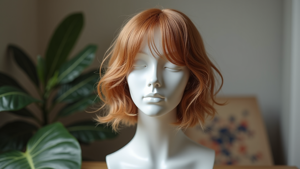 Eye-level view of a custom wig displayed on a mannequin head