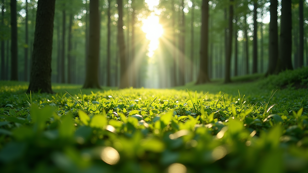 Eye-level view of a lush green forest with sunlight filtering through the trees