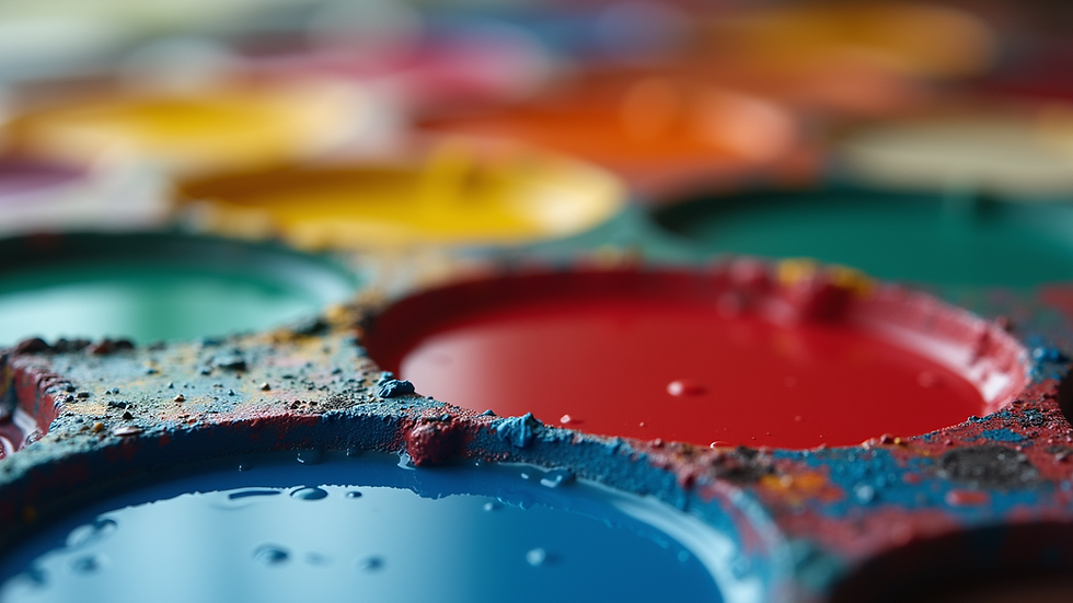 Close-up view of a vibrant paint palette with various colors