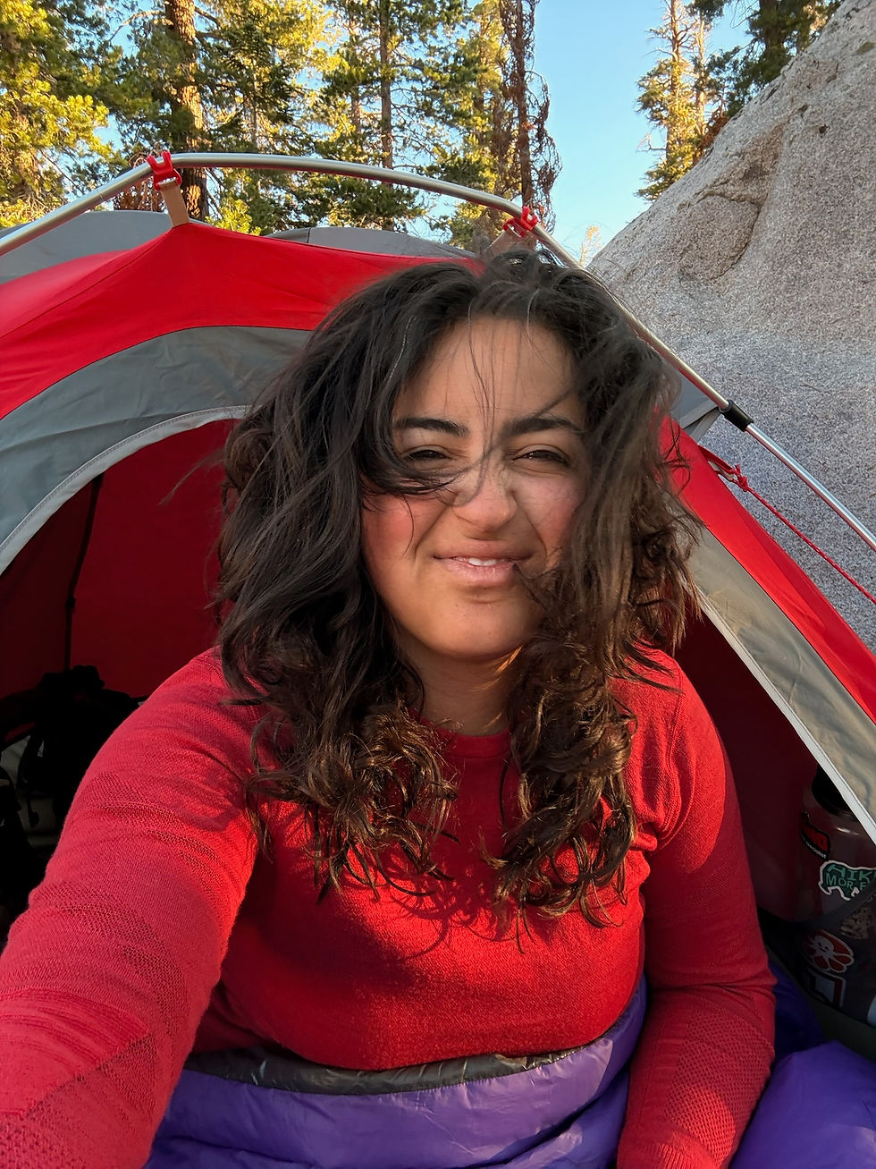 Morning hair, don't care. Crazy backcountry hair is my favorite vibe. My grays are coming in and I love it.