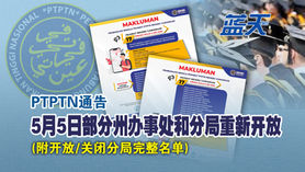 PTPTN通告:5月5日部分州办事处和分局重新开放(附开放/关闭分局名单)