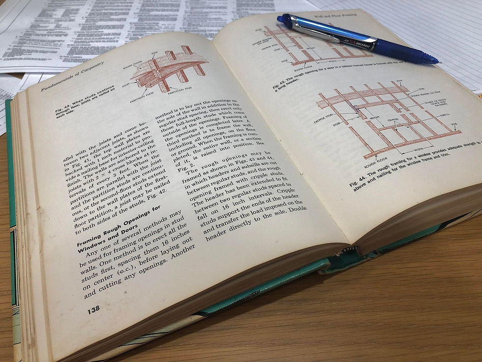 This is an image of an old construction book used by Chris's grandfather to deign homes. At Butt's Building Services, attention to detail is top priority.