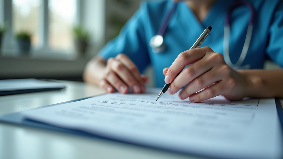 Eye-level view of a nurse filling out a license application form