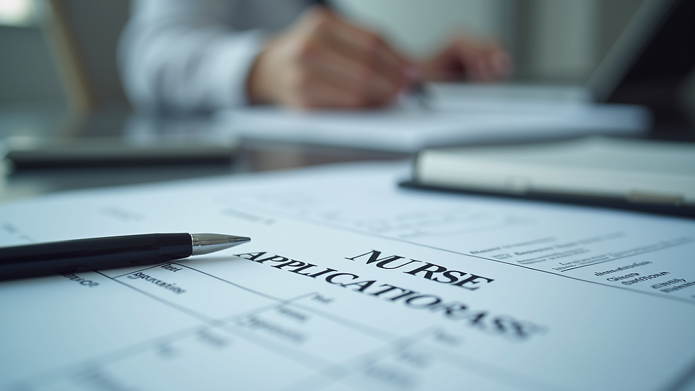 Eye-level view of a nurse’s license and application form on a desk
